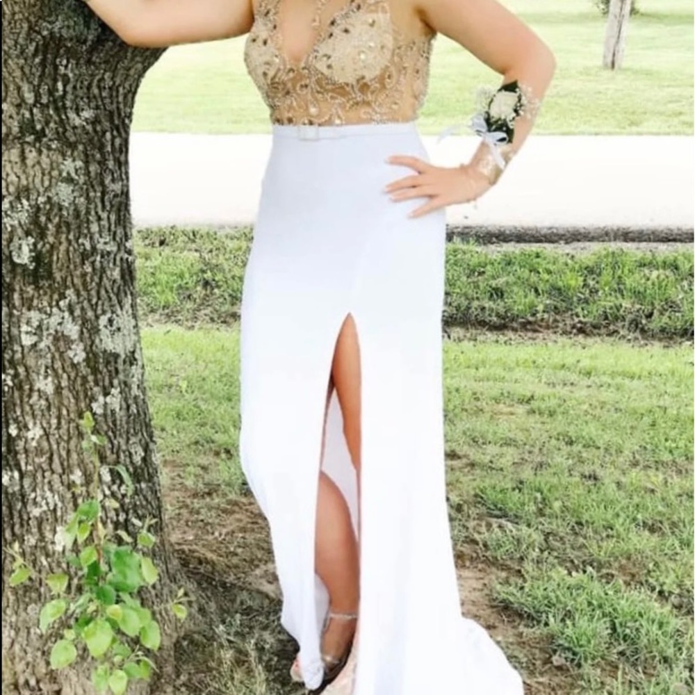 Long white and gold prom dress